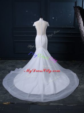 White Mermaid Tulle Scoop Sleeveless Lace Clasp Handle Wedding Dresses Brush Train