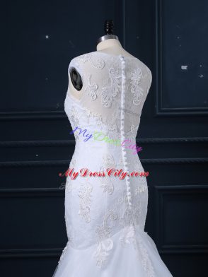 White Mermaid Tulle Scoop Sleeveless Lace Clasp Handle Wedding Dresses Brush Train