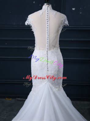 White Mermaid Tulle Scoop Sleeveless Lace Clasp Handle Wedding Dresses Brush Train