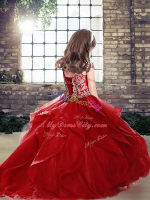 Hot Selling Fuchsia Lace Up Winning Pageant Gowns Beading and Ruffles Sleeveless Floor Length