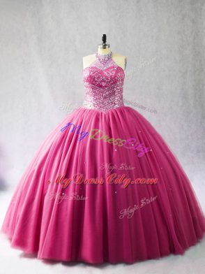 Colorful Hot Pink Halter Top Lace Up Beading Quinceanera Dresses Brush Train Sleeveless