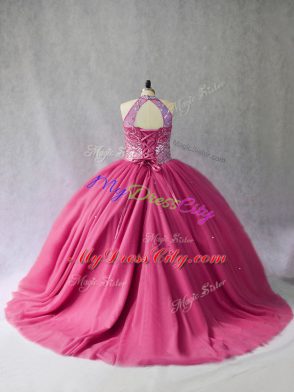 Colorful Hot Pink Halter Top Lace Up Beading Quinceanera Dresses Brush Train Sleeveless