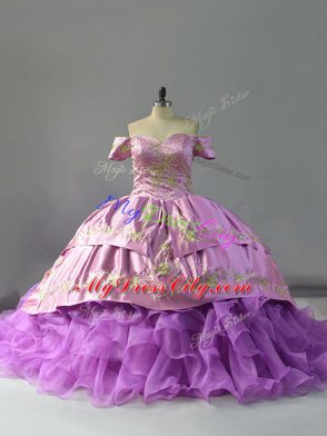 Lavender Ball Gowns Off The Shoulder Sleeveless Organza Chapel Train Lace Up Beading and Embroidery and Ruffles 15 Quinceanera Dress