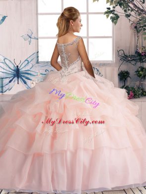 Classical Sleeveless Organza Brush Train Zipper 15th Birthday Dress in Royal Blue with Beading and Pick Ups