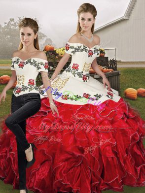 Most Popular Off The Shoulder Sleeveless Sweet 16 Dresses Floor Length Embroidery and Ruffles White And Red Organza