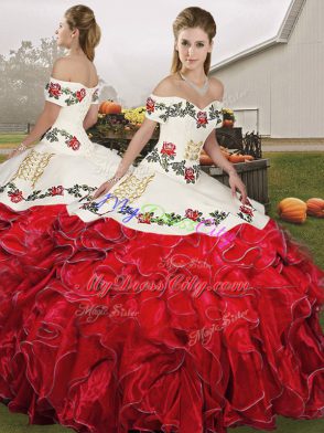 Most Popular Off The Shoulder Sleeveless Sweet 16 Dresses Floor Length Embroidery and Ruffles White And Red Organza