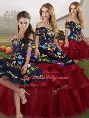 Glamorous Lace Up Quinceanera Dresses Wine Red for Military Ball and Sweet 16 and Quinceanera with Embroidery and Ruffled Layers Brush Train