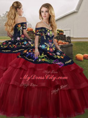 Glamorous Lace Up Quinceanera Dresses Wine Red for Military Ball and Sweet 16 and Quinceanera with Embroidery and Ruffled Layers Brush Train