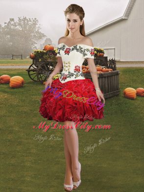 Trendy Red Off The Shoulder Neckline Embroidery and Ruffles Sleeveless Lace Up