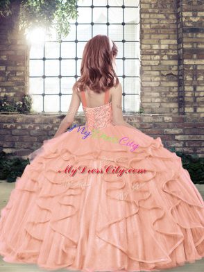 Fuchsia Ball Gowns Straps Sleeveless Tulle Floor Length Lace Up Beading Little Girl Pageant Dress