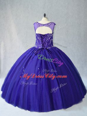 Royal Blue Tulle Lace Up Quinceanera Gowns Sleeveless Floor Length Beading