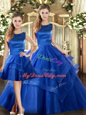 Royal Blue Sweet 16 Dress Military Ball and Sweet 16 and Quinceanera with Ruffled Layers Scoop Sleeveless Lace Up