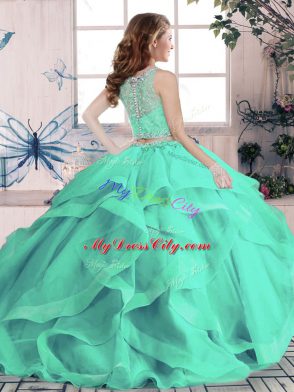 Blue Two Pieces Tulle Scoop Sleeveless Beading and Ruffles Floor Length Lace Up Ball Gown Prom Dress