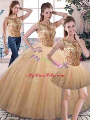 Stylish Scoop Sleeveless Sweet 16 Quinceanera Dress Floor Length Beading Gold Tulle