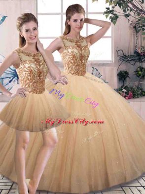 Stylish Scoop Sleeveless Sweet 16 Quinceanera Dress Floor Length Beading Gold Tulle