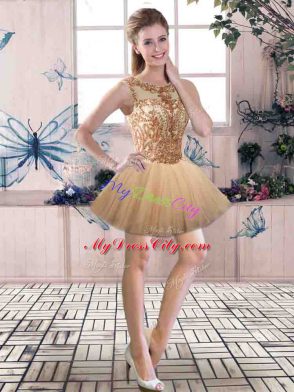 Stylish Scoop Sleeveless Sweet 16 Quinceanera Dress Floor Length Beading Gold Tulle