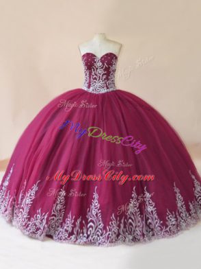 Latest Burgundy Sweetheart Neckline Embroidery Quinceanera Gown Sleeveless Lace Up