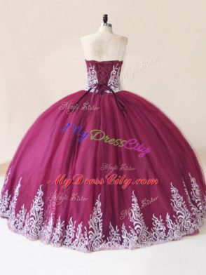 Latest Burgundy Sweetheart Neckline Embroidery Quinceanera Gown Sleeveless Lace Up