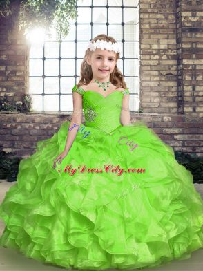 Spaghetti Straps Sleeveless Little Girl Pageant Gowns Floor Length Beading and Ruffles and Ruching Organza