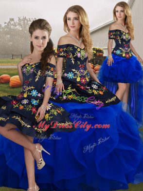 Extravagant Floor Length Blue And Black Quinceanera Gown Off The Shoulder Sleeveless Lace Up