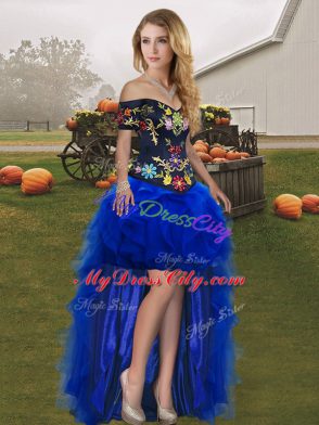 Extravagant Floor Length Blue And Black Quinceanera Gown Off The Shoulder Sleeveless Lace Up