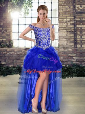 Custom Design Off The Shoulder Sleeveless Tulle Prom Gown Beading and Ruffles Lace Up