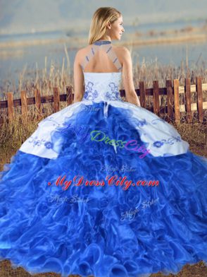 Glorious Halter Top Sleeveless Court Train Lace Up Quince Ball Gowns Royal Blue Organza