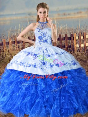 Glorious Halter Top Sleeveless Court Train Lace Up Quince Ball Gowns Royal Blue Organza