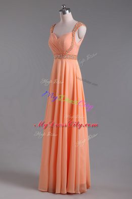 Orange Sleeveless Floor Length Beading and Ruching Backless Prom Gown