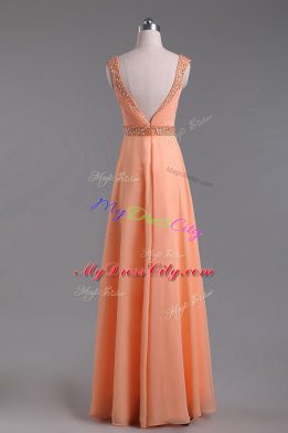 Orange Sleeveless Floor Length Beading and Ruching Backless Prom Gown