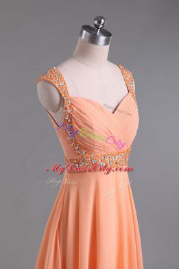 Orange Sleeveless Floor Length Beading and Ruching Backless Prom Gown