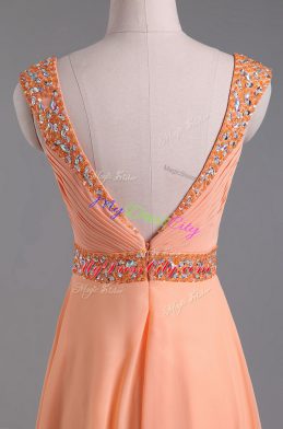 Orange Sleeveless Floor Length Beading and Ruching Backless Prom Gown