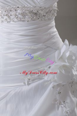 Hot Sale White Wedding Dresses Wedding Party with Beading and Pick Ups and Hand Made Flower Sweetheart Sleeveless Brush Train Lace Up