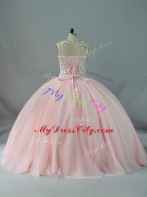 Top Selling Peach Ball Gowns Scoop Sleeveless Tulle Lace Up Beading Quinceanera Gown