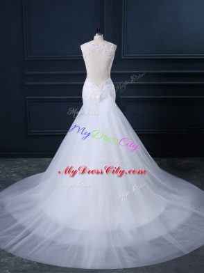 White Straps Neckline Lace Wedding Gown Sleeveless Side Zipper