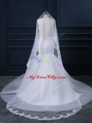 White Straps Neckline Lace Wedding Gown Sleeveless Side Zipper