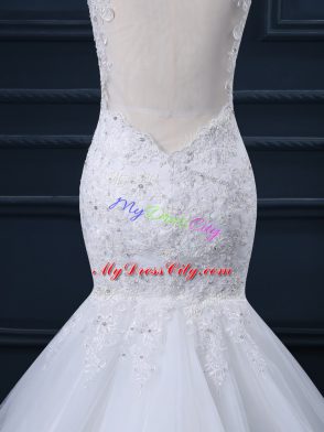 White Straps Neckline Lace Wedding Gown Sleeveless Side Zipper