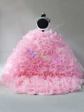 Affordable Baby Pink Zipper Scoop Beading and Ruffles Quinceanera Dress Fabric With Rolling Flowers Sleeveless Brush Train