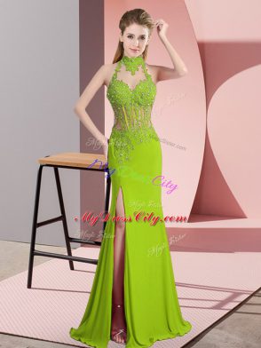 Green Column/Sheath Halter Top Sleeveless Chiffon Floor Length Backless Lace and Appliques Dress for Prom