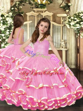 Excellent Floor Length Pink Child Pageant Dress Organza Sleeveless Beading and Ruffled Layers