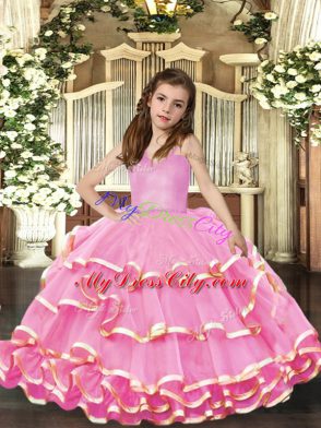 Excellent Floor Length Pink Child Pageant Dress Organza Sleeveless Beading and Ruffled Layers