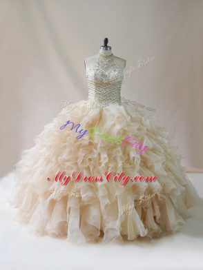 Sleeveless Organza Floor Length Lace Up 15th Birthday Dress in Champagne with Beading and Ruffles