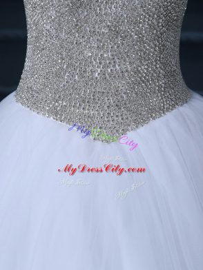 White Tulle Zipper Sweetheart Sleeveless Floor Length Bridal Gown Beading and Bowknot