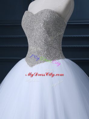 White Tulle Zipper Sweetheart Sleeveless Floor Length Bridal Gown Beading and Bowknot