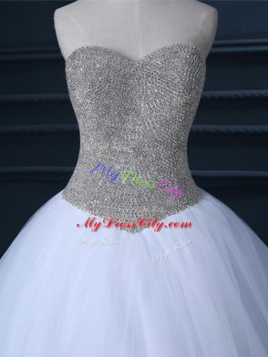 White Tulle Zipper Sweetheart Sleeveless Floor Length Bridal Gown Beading and Bowknot