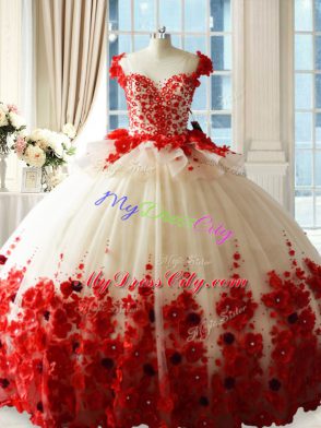 Eye-catching White And Red Zipper Scoop Hand Made Flower Quinceanera Dresses Tulle Sleeveless Brush Train