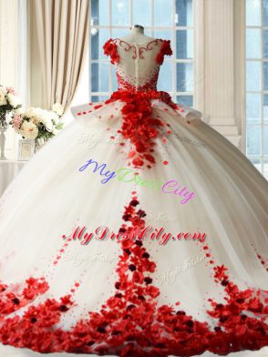 Eye-catching White And Red Zipper Scoop Hand Made Flower Quinceanera Dresses Tulle Sleeveless Brush Train