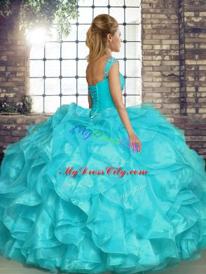 Fashionable Aqua Blue Lace Up Vestidos de Quinceanera Beading and Ruffles Sleeveless Floor Length