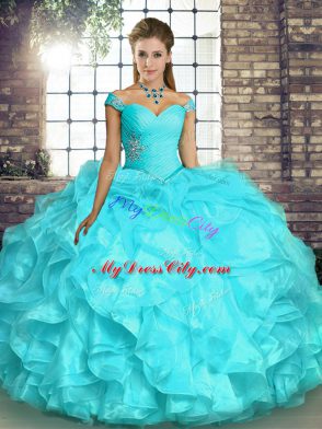 Fashionable Aqua Blue Lace Up Vestidos de Quinceanera Beading and Ruffles Sleeveless Floor Length