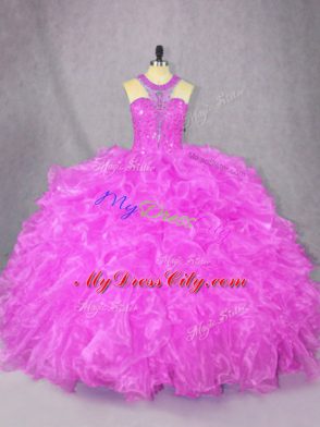 Fuchsia Sweet 16 Quinceanera Dress Sweet 16 and Quinceanera with Beading and Ruffles Scoop Sleeveless Zipper